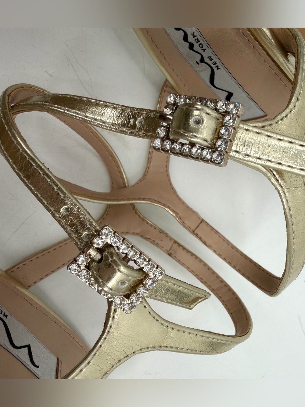 Nina Strappy Sandals Dressy Heels Women’s 7.5 M Gold Criss Cross Rhinestone - Picture 6 of 11